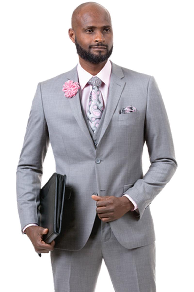 "EJ Samuel Light Grey Sharkskin Weave Vested Business Suit" - Grey