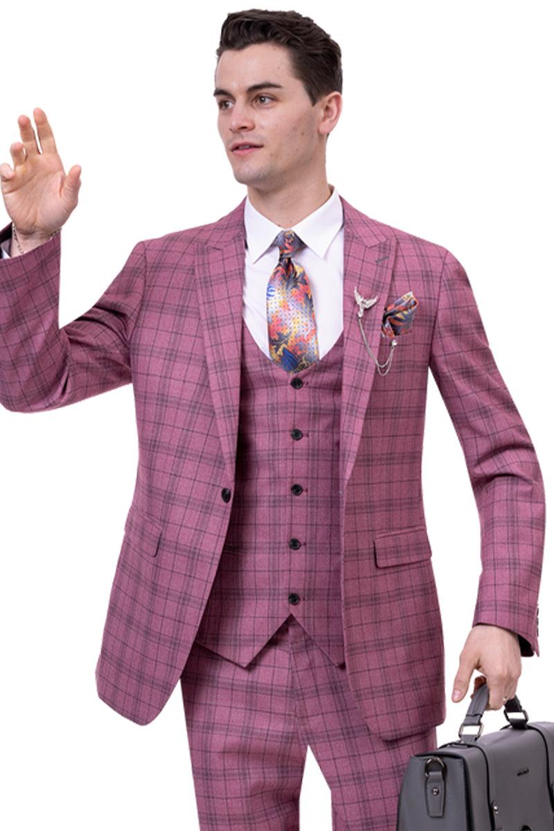"EJ Samuel Men's 1-Button Vested Suit in Mauve Pink Windowpane Plaid" - Mauve