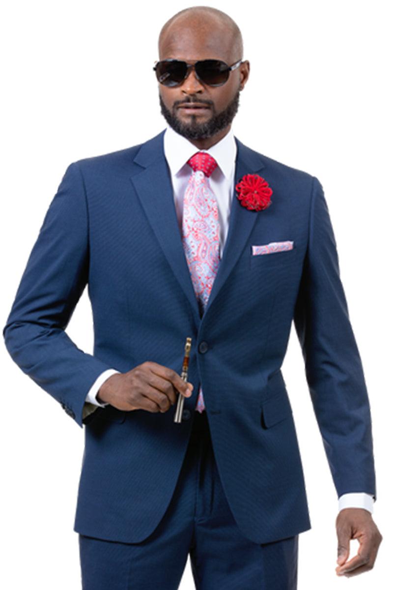 EJ Samuel Men's Cobalt Blue Weave Two Button Slim Fit Suit - Blue