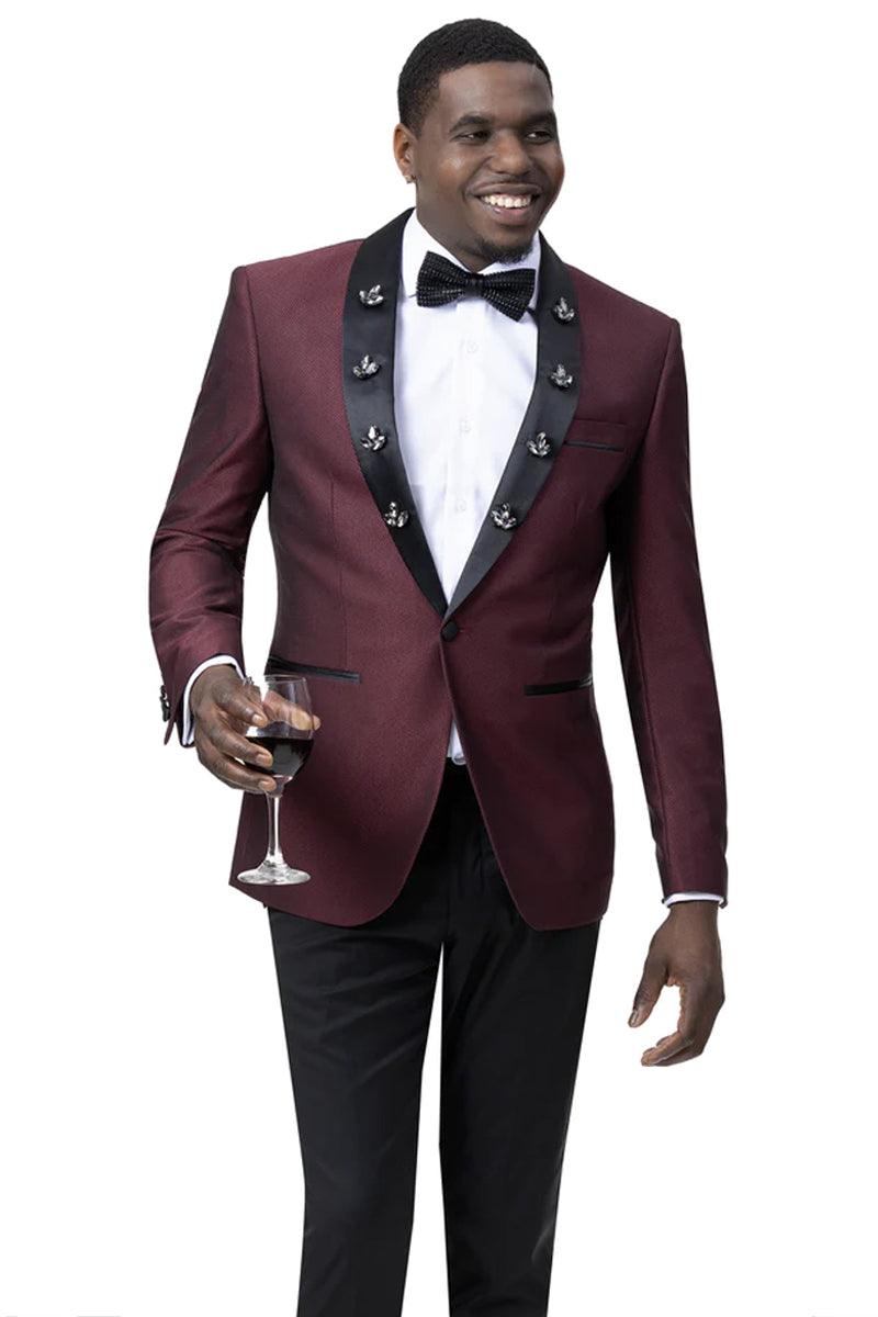 "EJ Samuel Men's Diamond-Embellished Burgundy 1-Button Shawl Tuxedo" - Burgundy