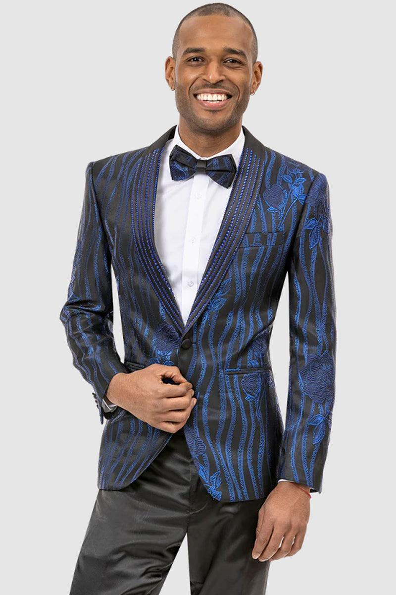 "EJ Samuel Men's Floral-Wave Tuxedo: Classy Blend of Modern Style in Black & Royal Blue" - Royal Blue