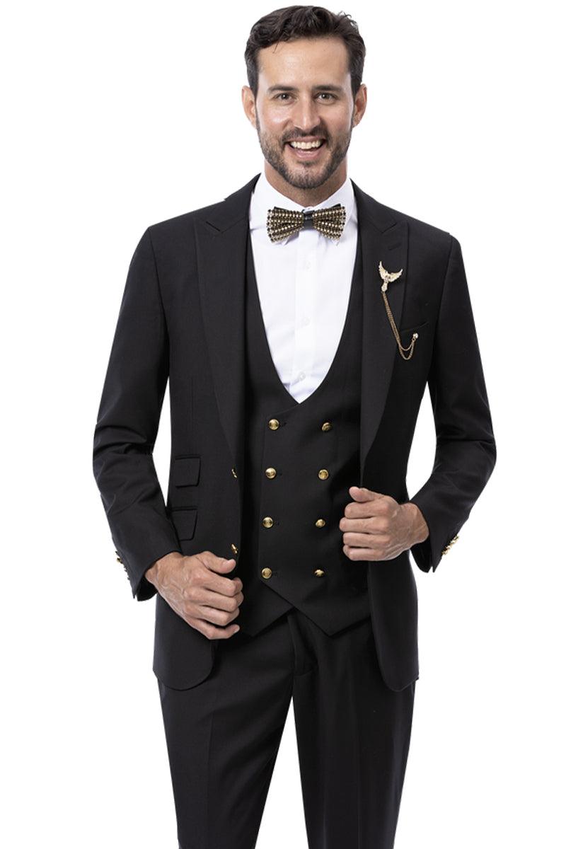 EJ Samuel Men's Formal Vested Suit w/ Double Breasted Vest & Gold Buttons in Black - Black