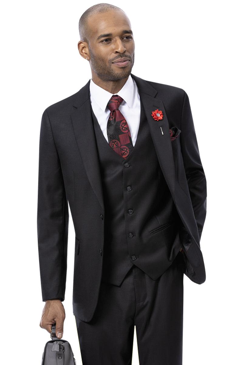 EJ Samuel Men's Modern Fit Black Sharkskin Vested Suit - Black