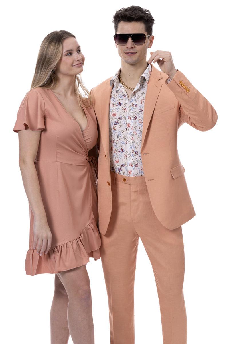 EJ Samuel Men's Modern Fit Coral Linen Suit – Summery Chic Style - 42 Regular Jacket+36 Waist Pants Adjust 32to38)(Height: 5'7"-6')(Neck 16-17.5:L-XL)