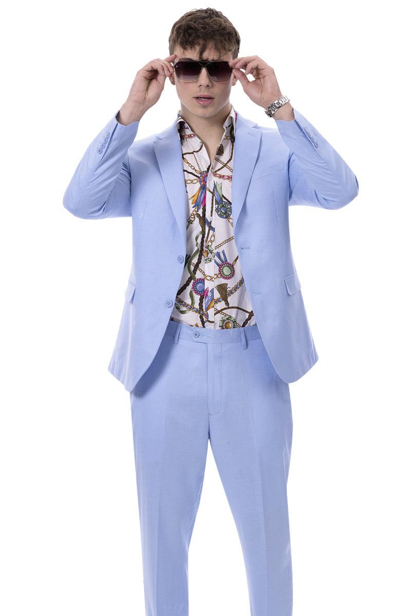 EJ Samuel Men's Modern Fit Sky Blue Linen Suit for Summer - 42 Regular Jacket+36 Waist Pants Adjust 32to38)(Height: 5'7"-6')(Neck 16-17.5:L-XL)