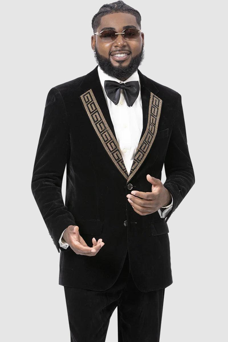 EJ Samuel Men's Modern Fit Velvet Tux w/Gold Sequin Lapel in Black - Black