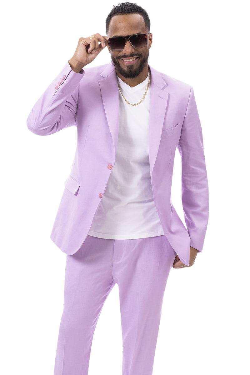 EJ Samuel Men's Modern Lilac Lavender Summer Linen Suit - Classic Fit - 42 Long + 36 Waist(Adjust 2" Large and amp 4")
