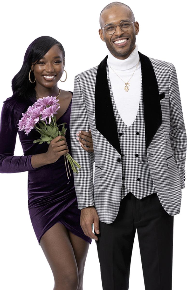 "EJ Samuel Men's One-Button Houndstooth Tuxedo: Professional Panache and Style" - Black