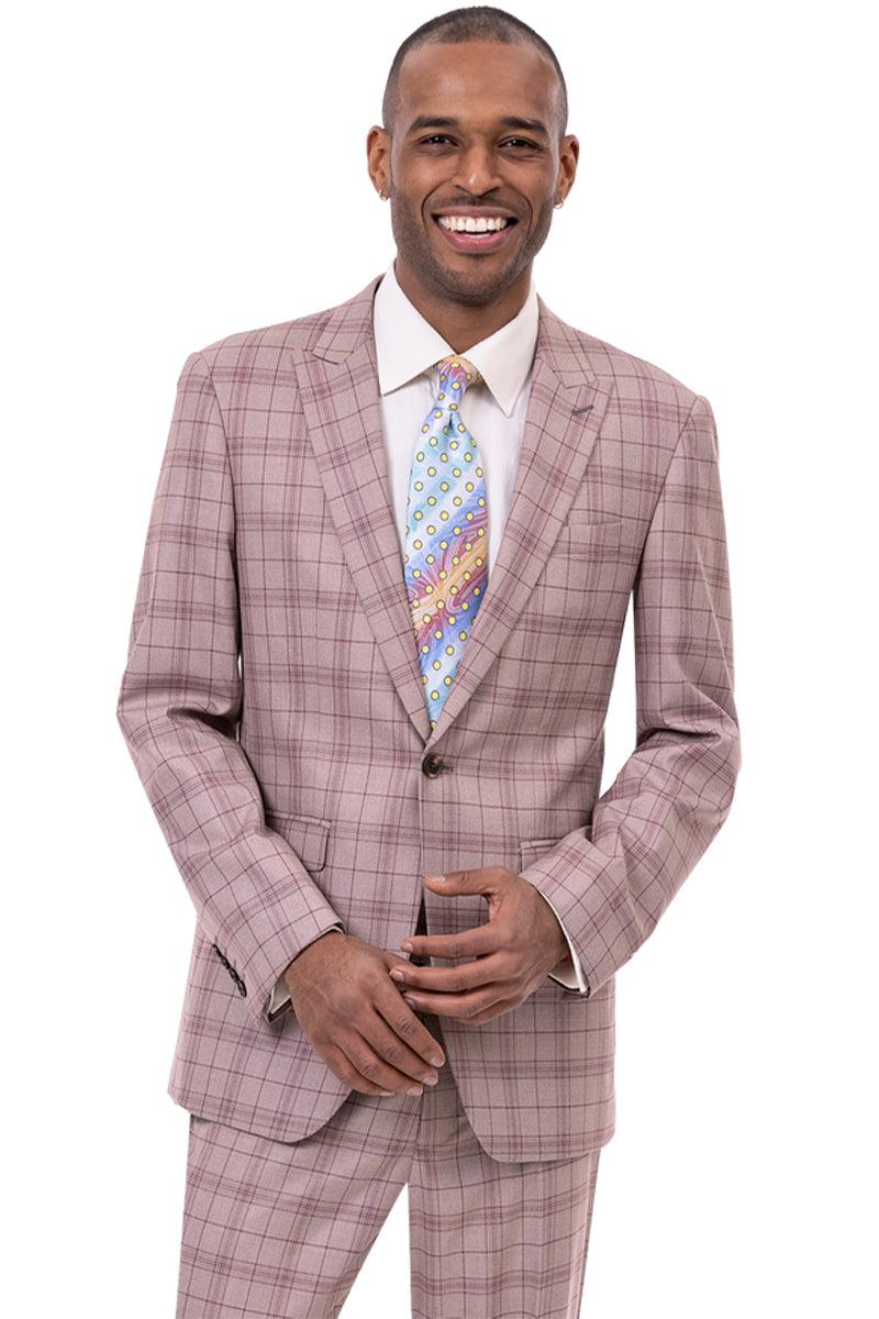 EJ Samuel Men's One-Button Peak Lapel Plaid Suit - Tan Windowpane - 38 Short Jacket+32 Waist Adjust 28to34)(Height: 5 4 to5 7 )(Neck  15-16.5)S-M)