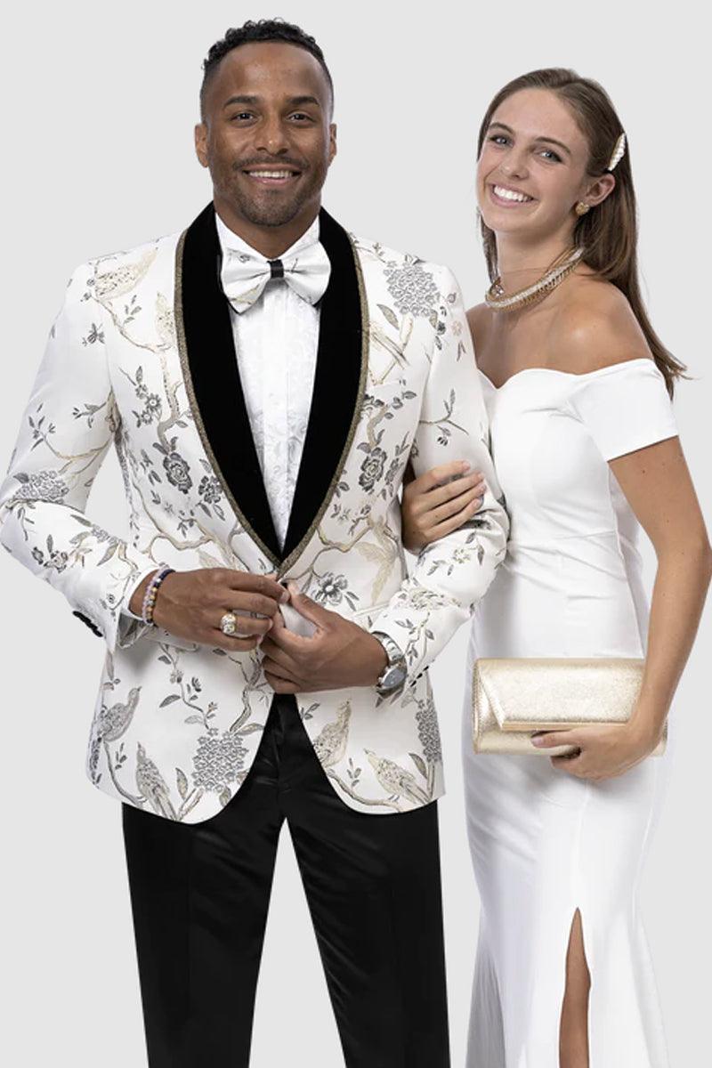EJ Samuel Men's One Button White & Gold Tree Pattern Tuxedo Jacket for Weddings - White /Black