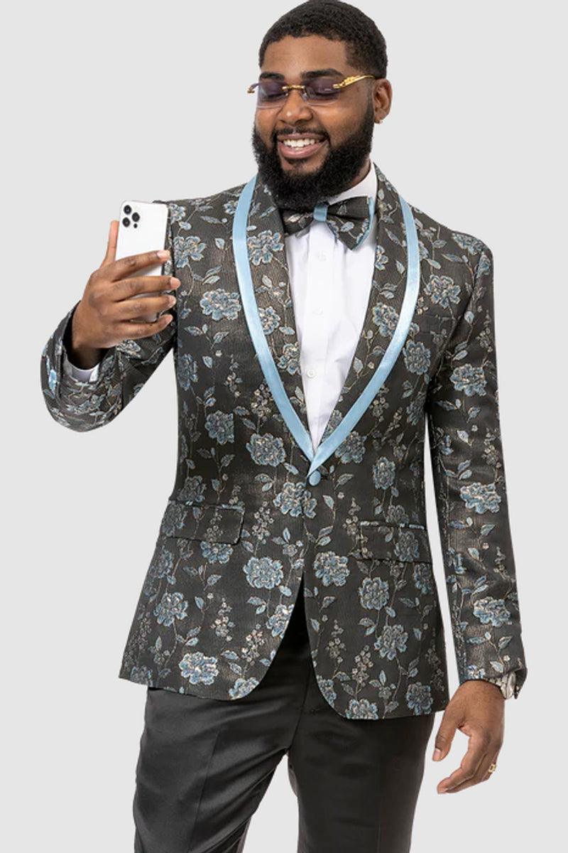 EJ Samuel Men's Paisley Floral Tux Jacket w/Blue Satin Lapel Trim - Blue