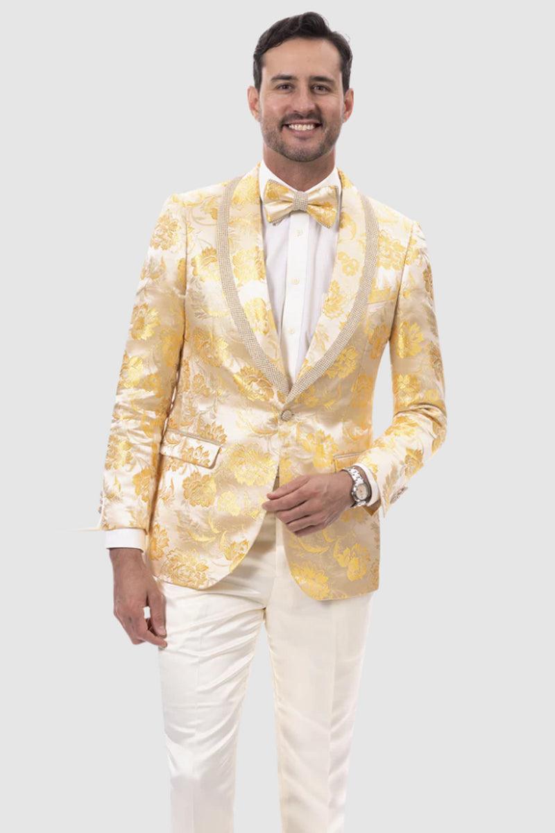 EJ Samuel Men's Paisley Tuxedo Blazer in Yellow Gold Shine - 38 Short Jacket+32 Waist Adjust 28to34)(Height: 5 4 to5 7 )(Neck  15-16.5)S-M)