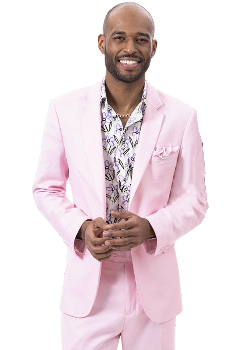EJ Samuel Men's Pink Linen Summer Suit: Modern Fit and Classically Styled - 40 Regular Jacket+34 Waist Adjust 30to36)Height: 5'7"-6')(Neck 15.5-17:M)