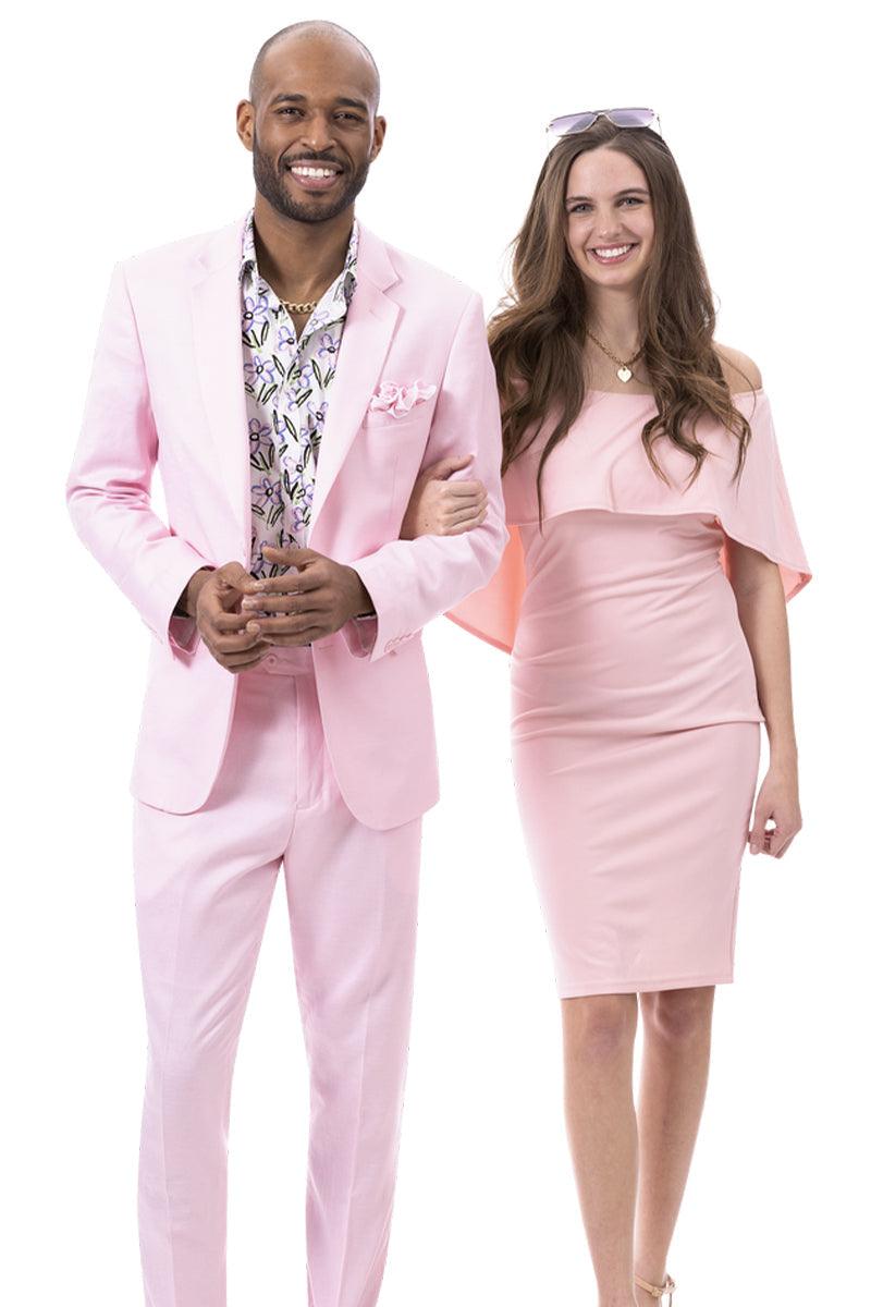 EJ Samuel Men's Pink Linen Summer Suit: Modern Fit and Classically Styled - 40 Regular Jacket+34 Waist Adjust 30to36)Height: 5'7"-6')(Neck 15.5-17:M)