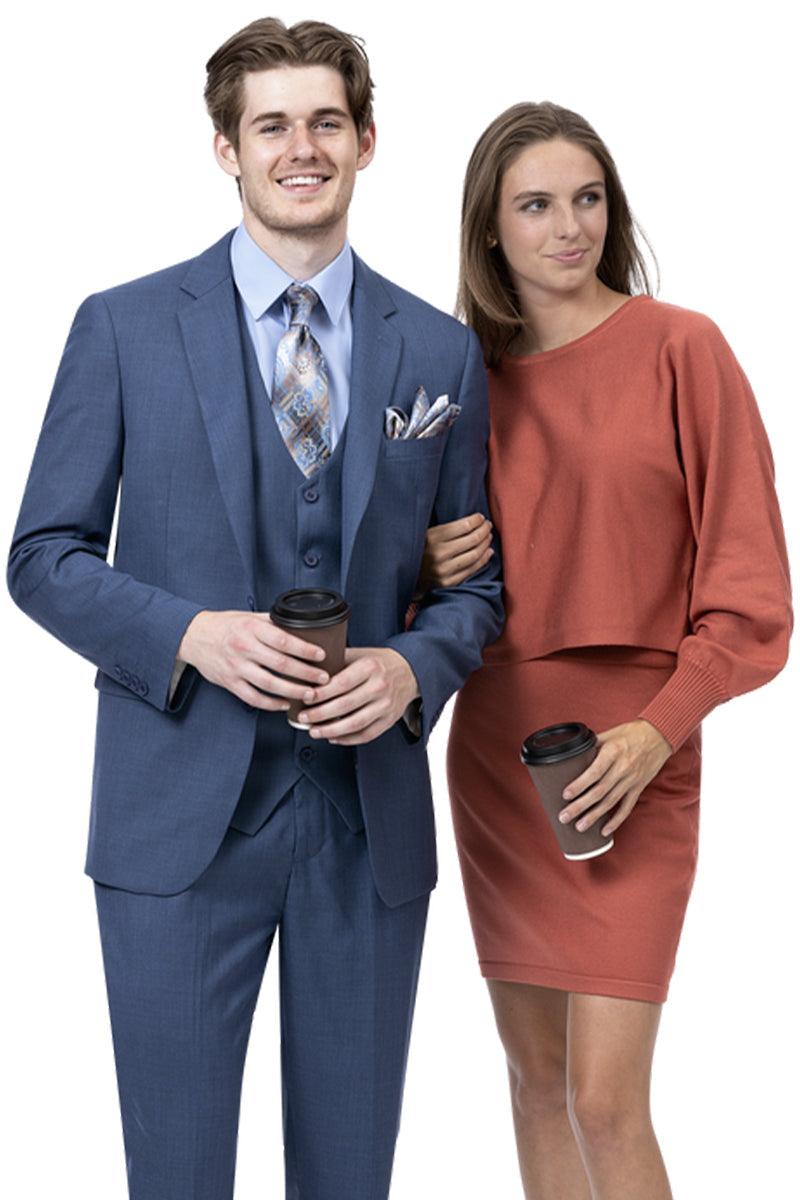 EJ Samuel Men's Sharkskin Vested Business Suit in Midnight Blue - Modern Fits, 2-Button Style - Blue