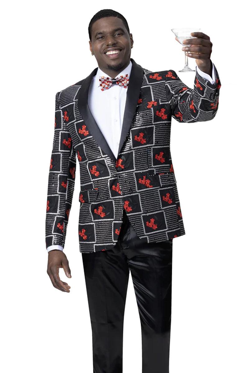 EJ Samuel - Men's Shawl Lapel Tuxedo Jacket in Bold Pattern, Black & Red - Black / Red