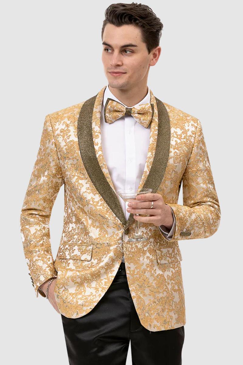 EJ Samuel Men's Sparkle Gold One-Button Tuxedo - Stylish Prom-Perfect Look - Gold