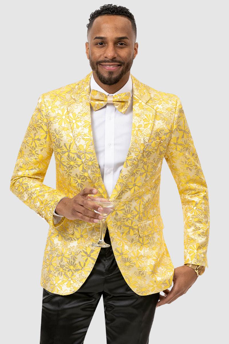 "EJ Samuel Men's Stylish Floral Print Yellow Gold Prom Tuxedo Dinner Jacket" - Yellow