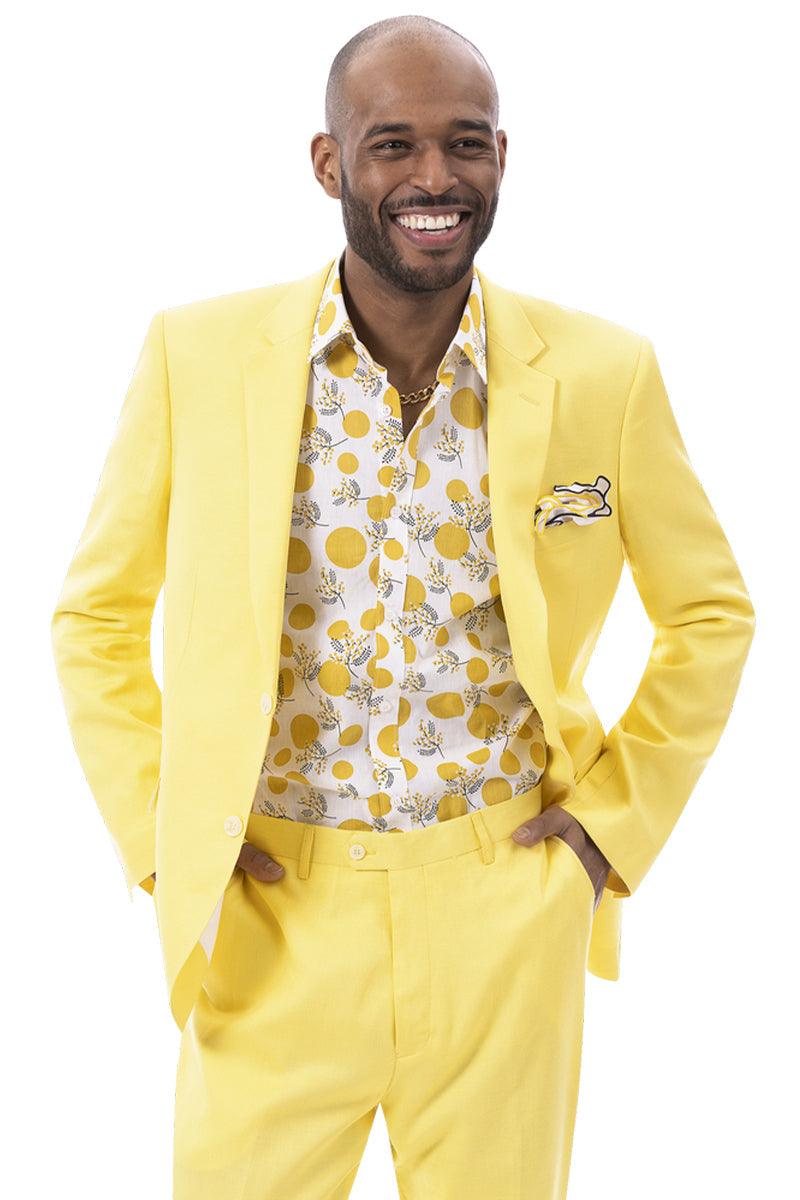 EJ Samuel Men's Summer Suit: Modern Fit, Linen Blend, Yellow - 44 Long Jacket+38 Waist Adjust 34 to 40)(Height:6-6.4")(Neck 17.0-18.5:XL-XXL)