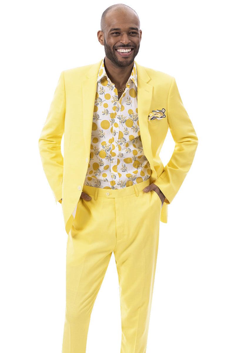 EJ Samuel Men's Summer Suit: Modern Fit, Linen Blend, Yellow - 44 Long Jacket+38 Waist Adjust 34 to 40)(Height:6-6.4")(Neck 17.0-18.5:XL-XXL)