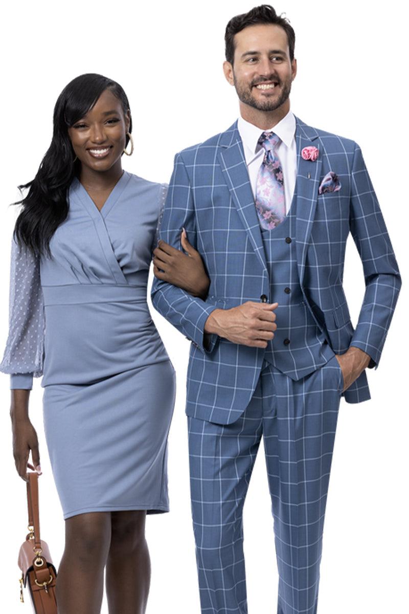 EJ Samuel Men's Teal Blue Vested Windowpane Suit: Refined One-Button Style. - Teal
