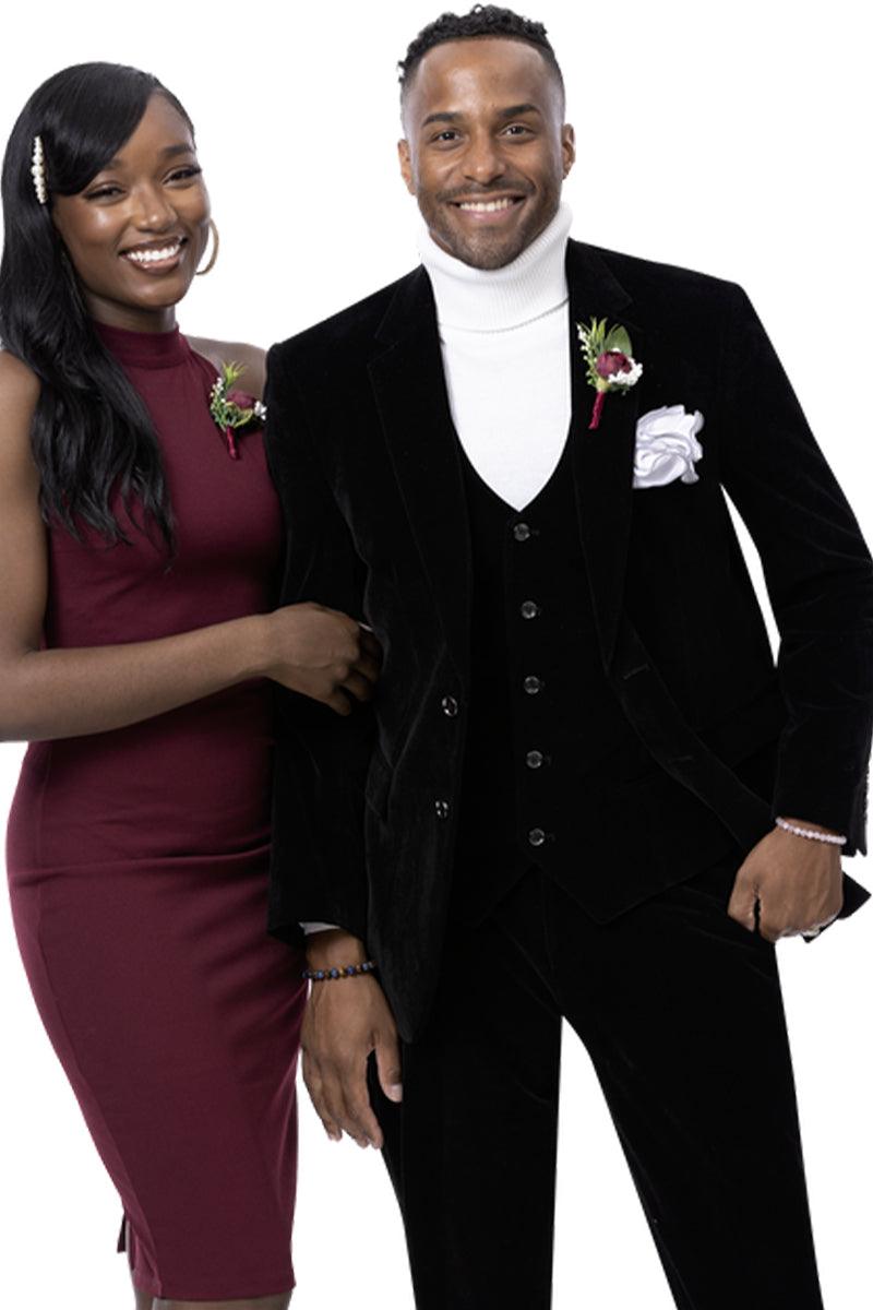 "EJ Samuel Men's Two-Button Velvet Vested Suit in Black" - Black