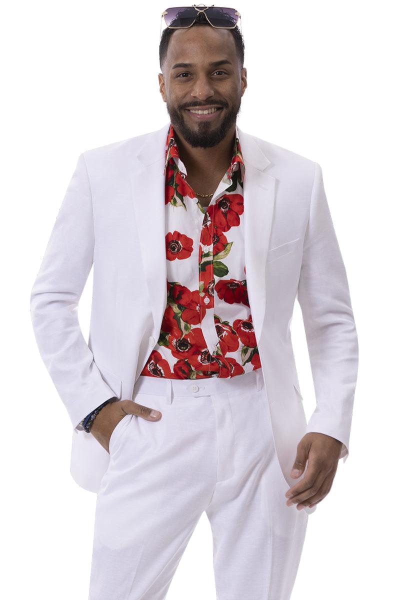 EJ Samuel Men's White Linen Modern Fit Summer Suit - 42 Regular Jacket+36 Waist Pants Adjust 32to38)(Height: 5'7"-6')(Neck 16-17.5:L-XL)