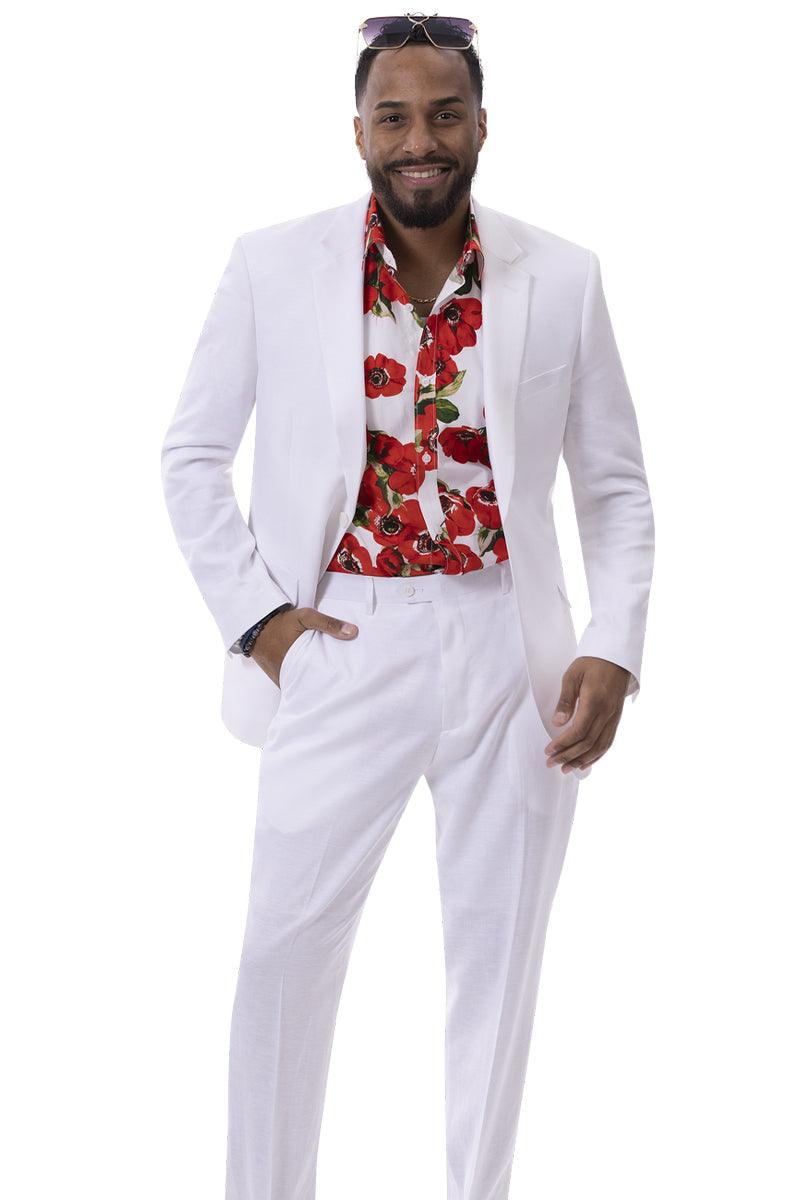 EJ Samuel Men's White Linen Modern Fit Summer Suit - 42 Regular Jacket+36 Waist Pants Adjust 32to38)(Height: 5'7"-6')(Neck 16-17.5:L-XL)