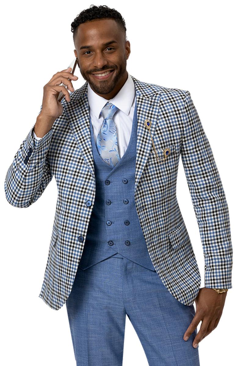 EJ Samuel Modern Fit Blue & Black Windowpane Plaid Check Vest Suit - Blue