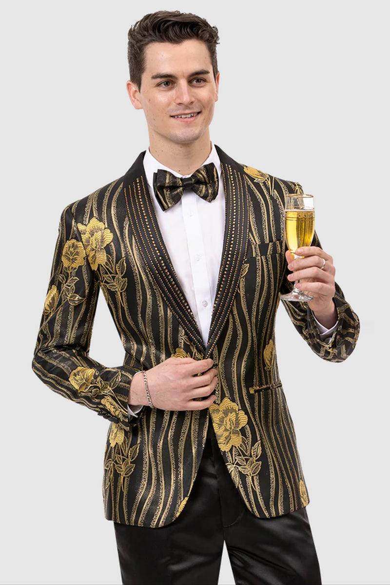 "EJ Samuel Modern Floral & Wave Tuxedo in Black & Gold" - Black / Gold