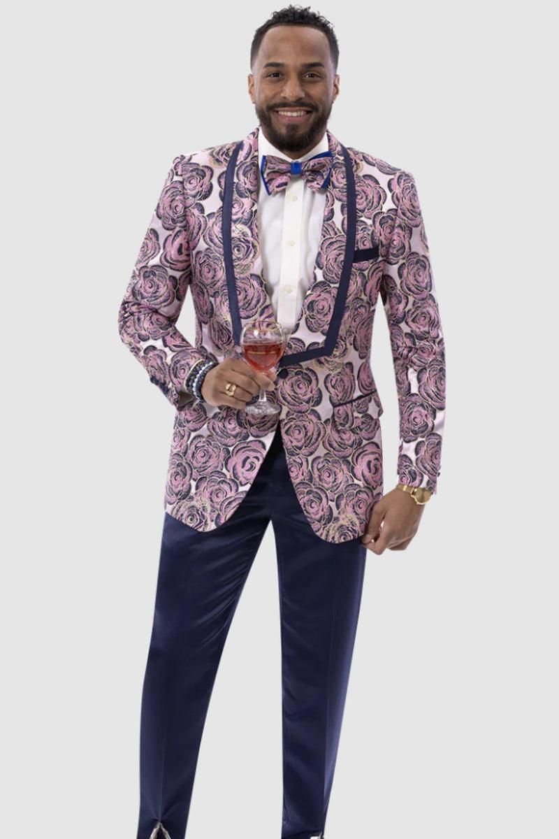 EJ Samuel Navy & Pink Paisley Floral One-Button Tux Jacket - Navy / Pink