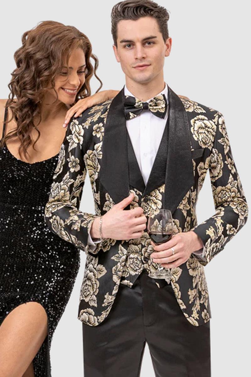 EJ Samuel Paisley Vested Prom Tuxedo in Black & Gold - Black / Gold