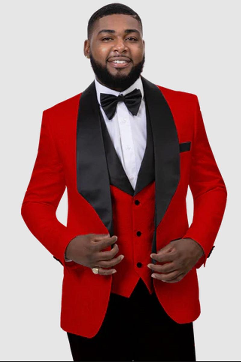 EJ Samuel Red Paisley Shawl Vested Tuxedo - Perfect for Weddings & Proms - Red