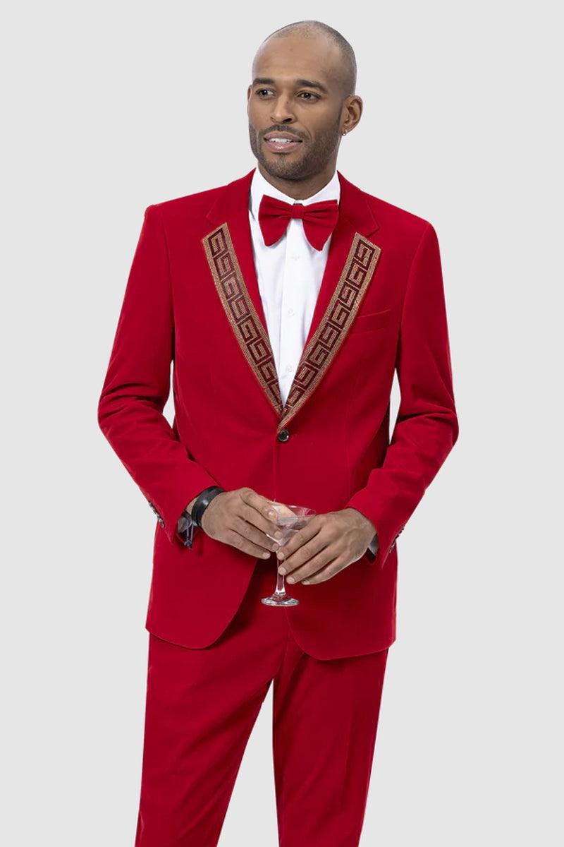 "EJ Samuel Red Velvet Tuxedo Suit with Gold Sequin Lapel - Modern Fit" - Red
