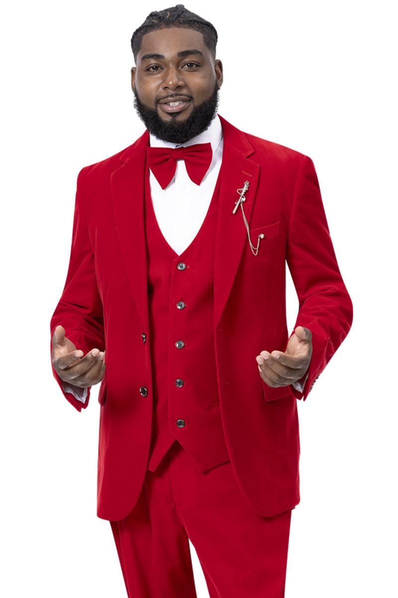 "EJ Samuel Red Velvet Vested Suit with Stylish Two Button Closure" - Red