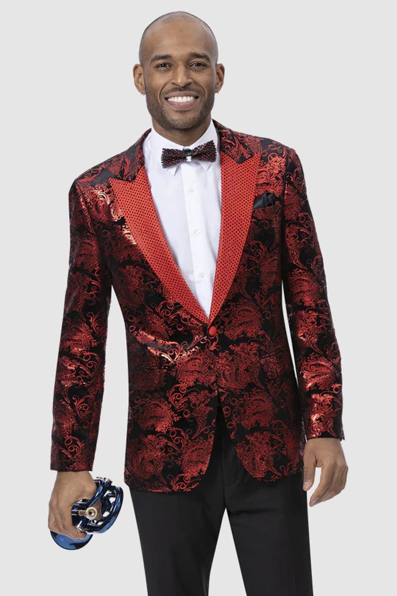"EJ Samuel's Red Paisley Shark Blazer with Studded Lapel" - Red / Black