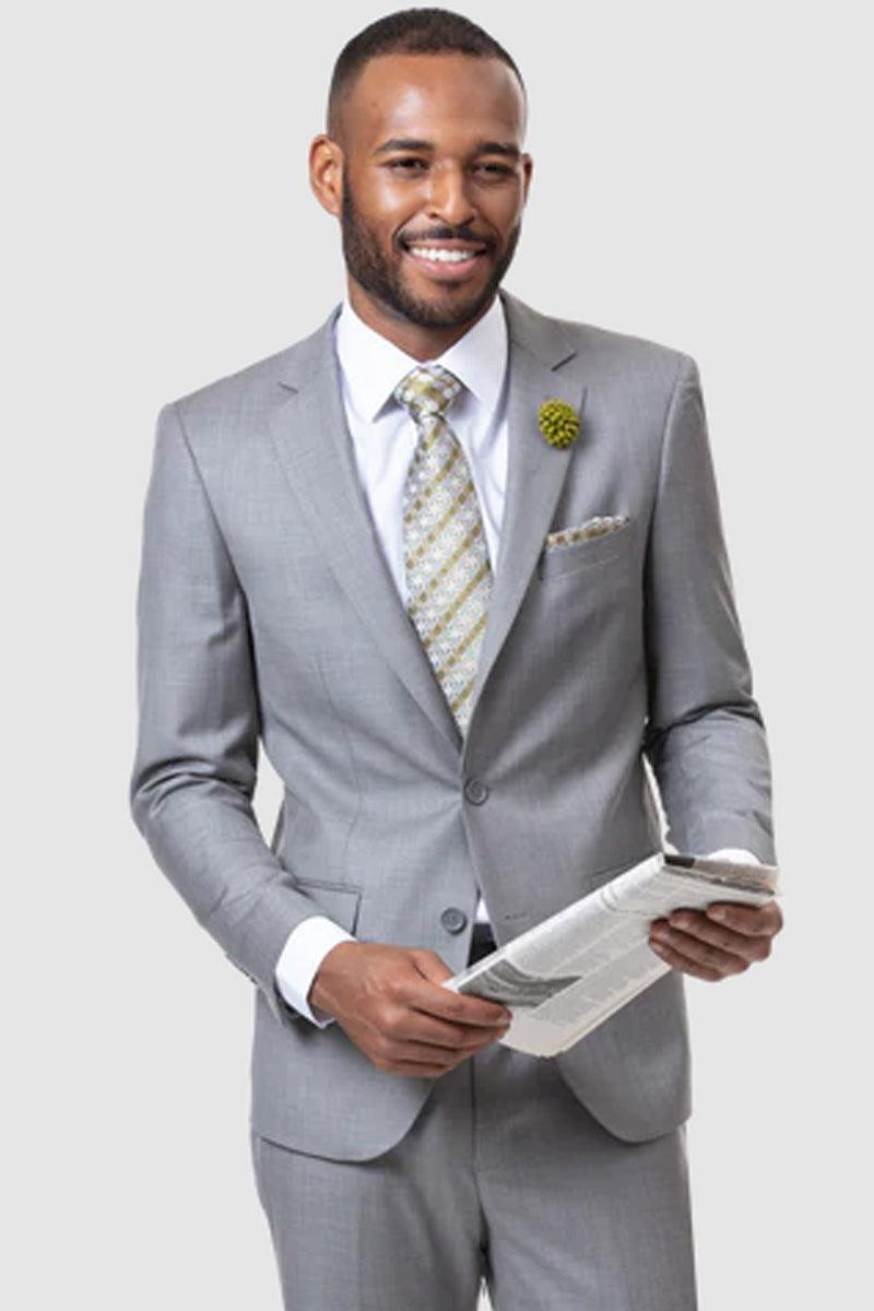 EJ Samuel Sharkskin Light Grey Modern Fit Suit: 2-Button Refinement - Grey