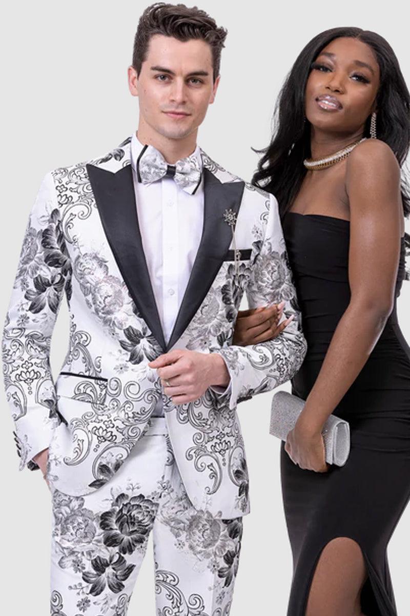 "EJ Samuel White & Black Paisley Slim Fit Prom Tuxedo: Refined One-Button Peak Lapel" - White / Black