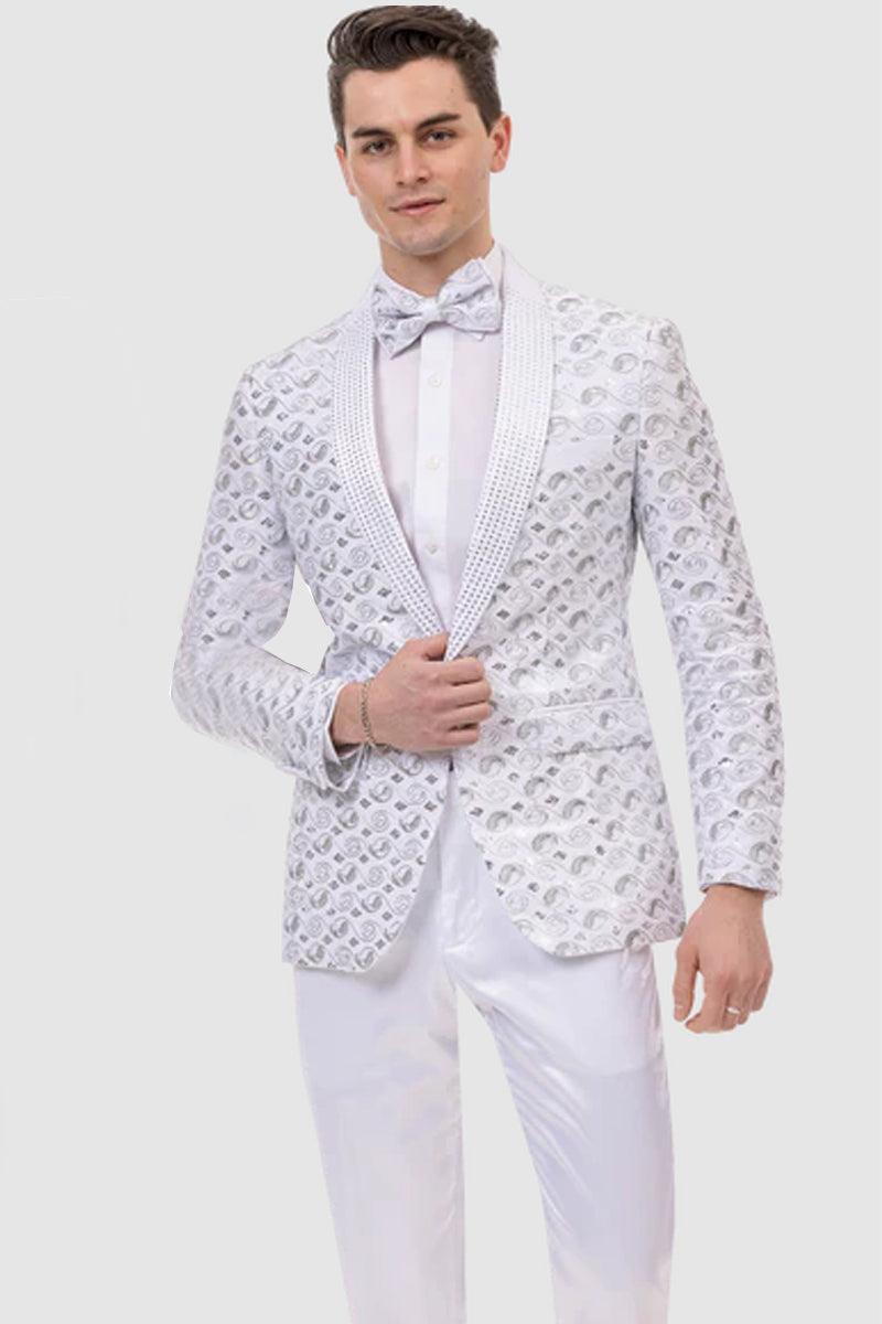 EJ Samuel White Sequined Swirl Tux Jacket - A Stylish Menswear Essential for Proms & Formals - White