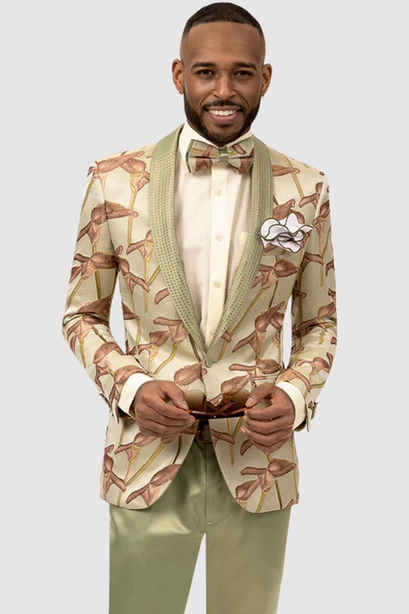 "Floral Print One Button Men's Prom Tuxedo - Beige & Fern Green"