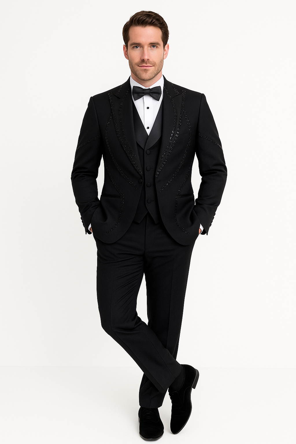 Black Italian Wool 3-Piece Modern Fit Tuxedo - 34 Short or Extra Small