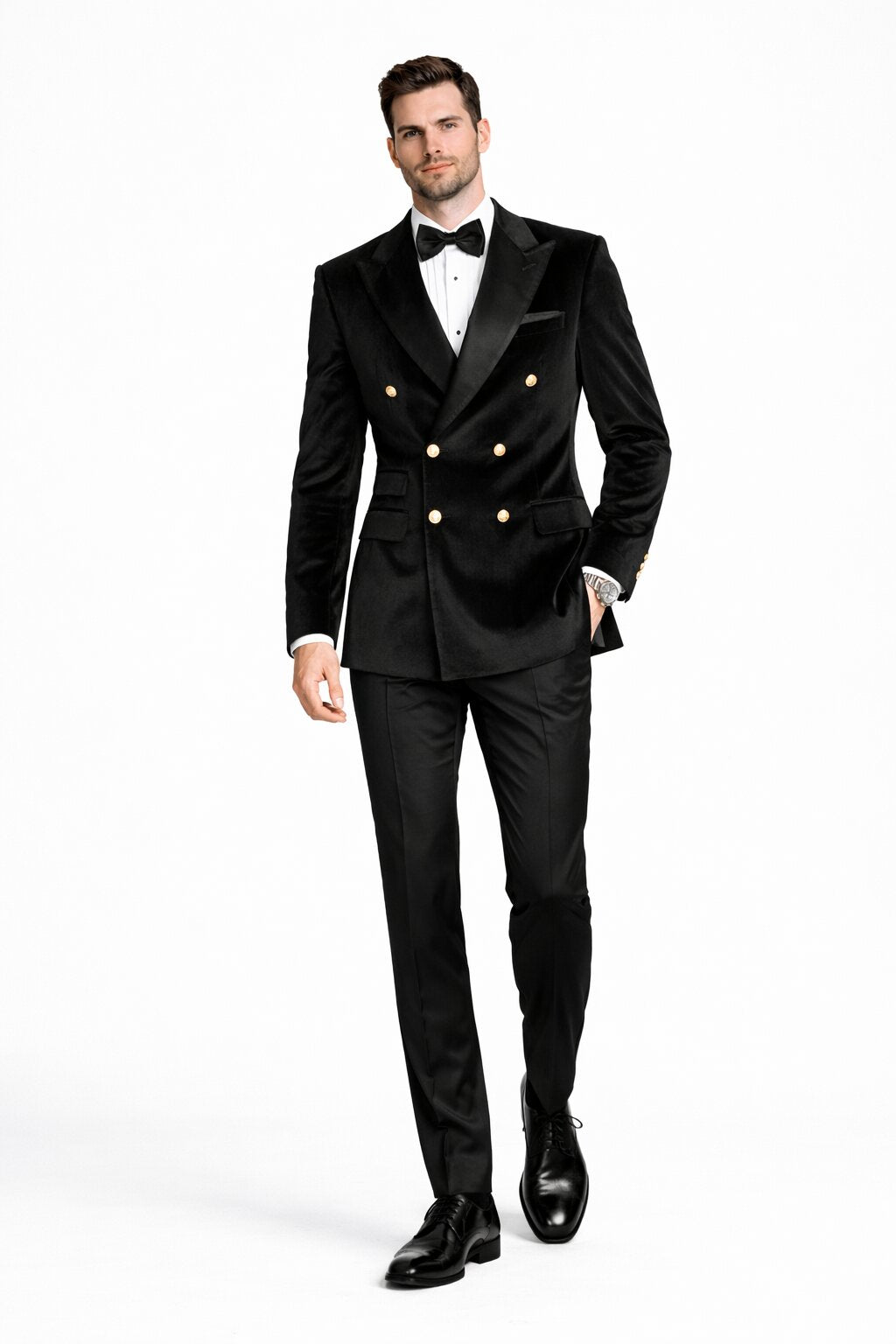 Men's Designer Double Breasted Velvet Suti with Gold Buttons in Black