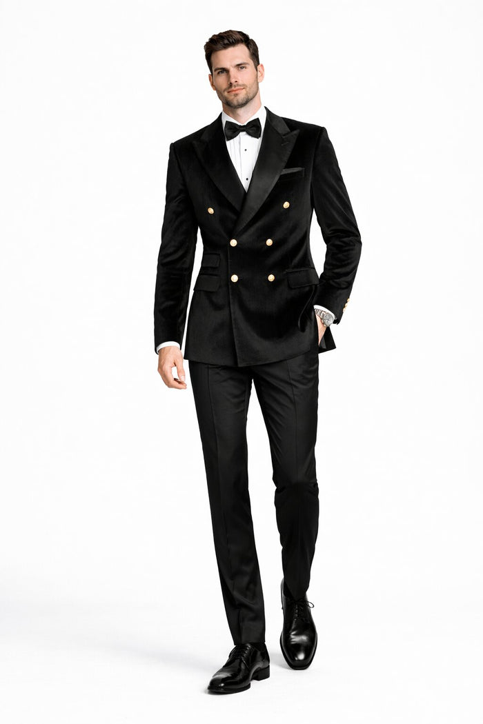 Men's Designer Double Breasted Velvet Suti with Gold Buttons in Black