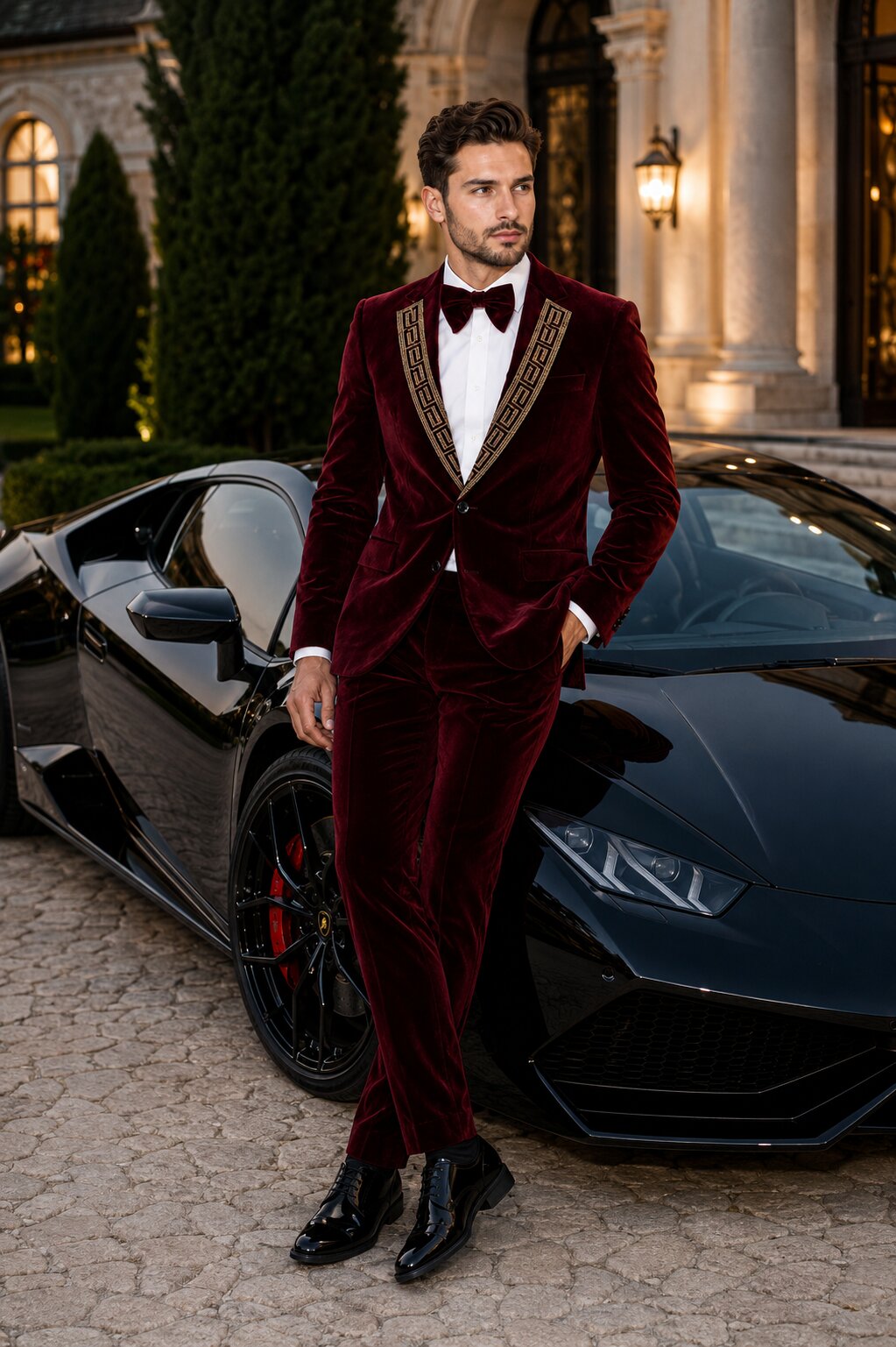 EJ Samuel Men's Burgundy Modern Fit Velvet Tuxedo with Gold Sequin Lapel - Burgundy