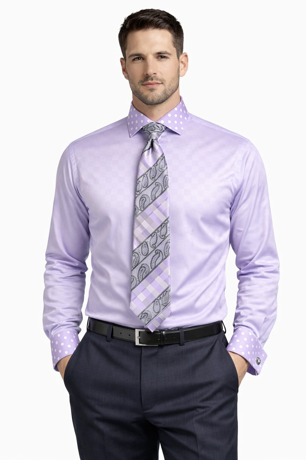 Polka Dot French Cuffed Matching Shirt & Tie Combo Lavender Set Men's Dress Shirt - Large 16.5" Neck / 36-37" Sleeve