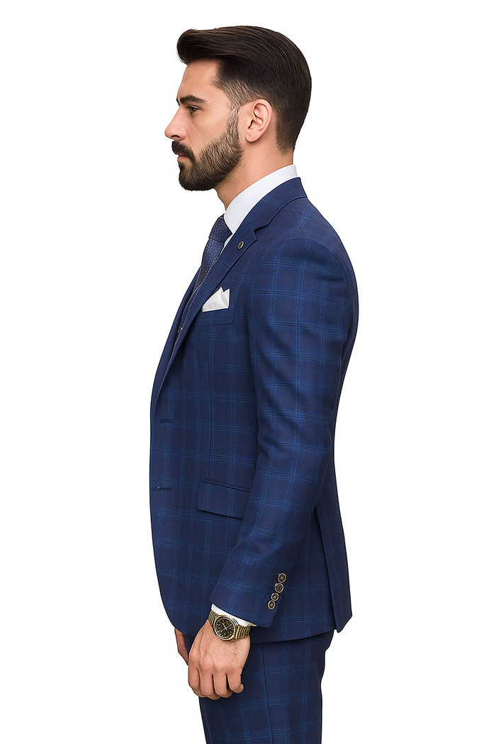 Windowpane Texture Business Pattern Modern Fit Side Vented Men's 3-Piece Wool Suit - Modern Fit Plaid
