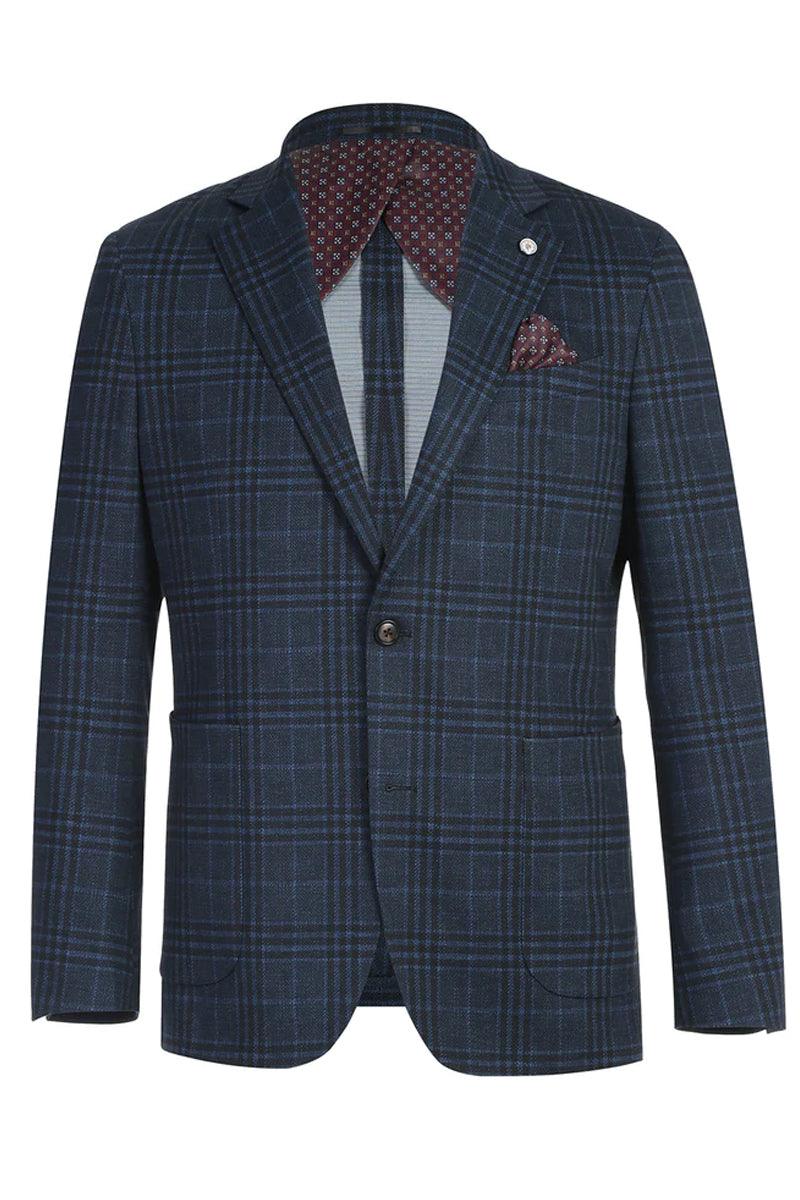 "Elevate Your Prom and Wedding Attire with Pelago's Blue Grey Windowpane Plaid Slim Fit Blazer" - Navy
