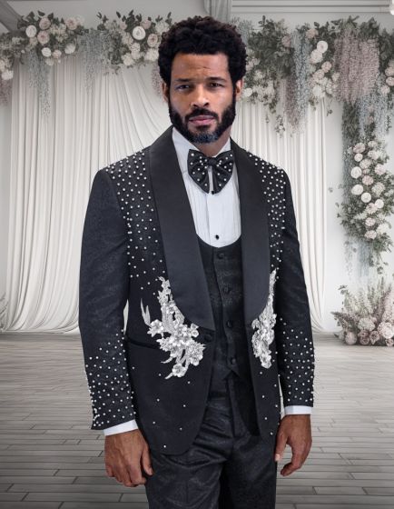 Statement Men's 3 Piece Modern Fit Tuxedo - Ornate Rhinestone sequin - 38R