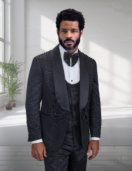 Statement Men's 3 Piece Modern Fit Tuxedo - Ornate Rhinestone sequin - 38R