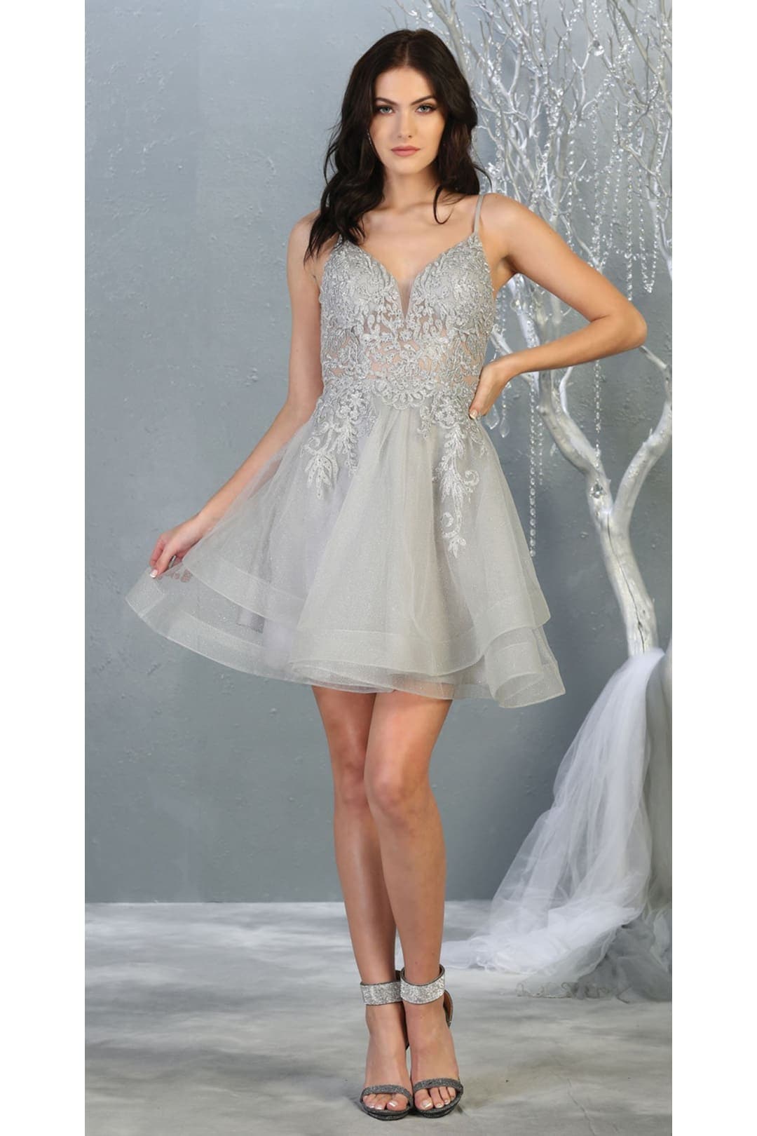 Quince Dama Dresses - Short Quinceanera Dresses in Color Silver - 2